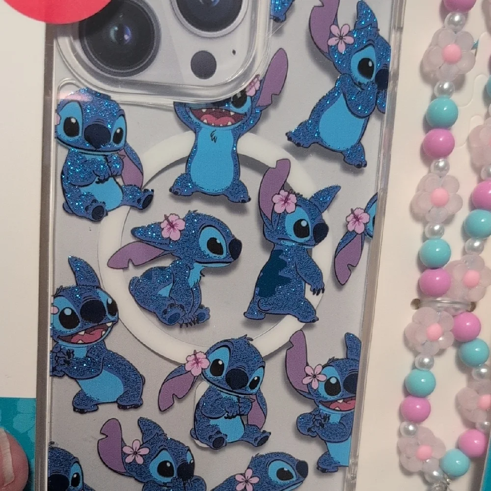 Disney Stitch iPhone 15 Pro Max Case with Beaded Strap - Blue and Pink
